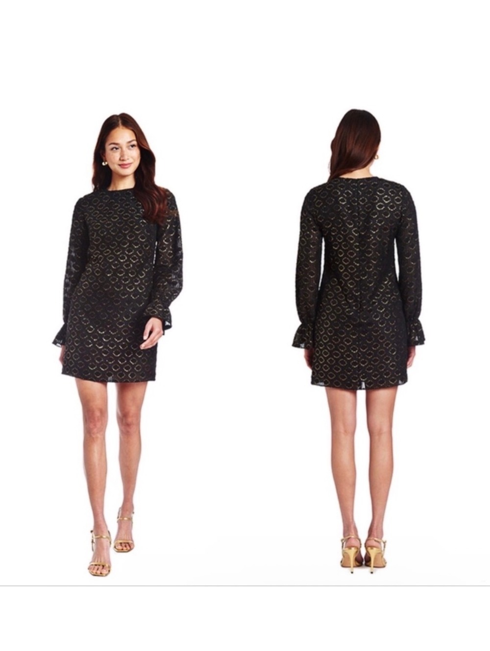 Amanda Uprichard Etienne Black & Gold Metallic Long Sleeve Mini Dress NWT M